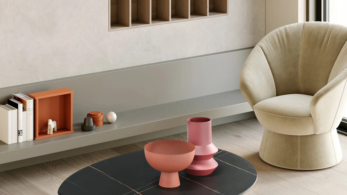 Tavolino Oya con piano sagomato in MDF e struttura in metallo verniciato di Ikone Casa