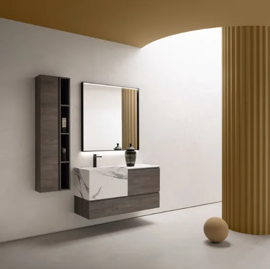 Mobile da Bagno sospeso in nobilitato effetto legno con vasca in HPL effetto marmo B-GO BG011 di Compab