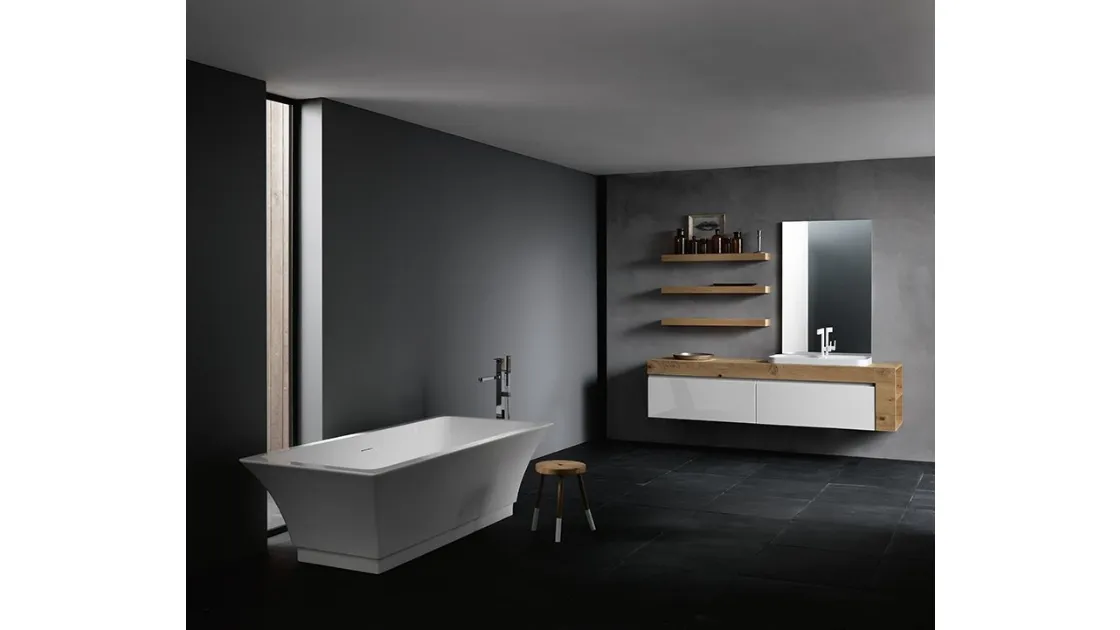 Mobile da Bagno sospeso con piano in legno di rovere e frontali in laccato bianco lucido INK NK13 Compab