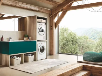 Mobile da Bagno per lavanderia in laccato Verde Blu opaco e HPL Rovere Laundry 08 di Puntotre