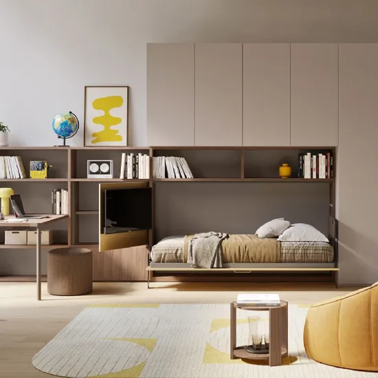 Letto a scomparsa con divano integrato e libreria Im 22 04 Nobu in melaminico Rovere e laccato opaco di Clever