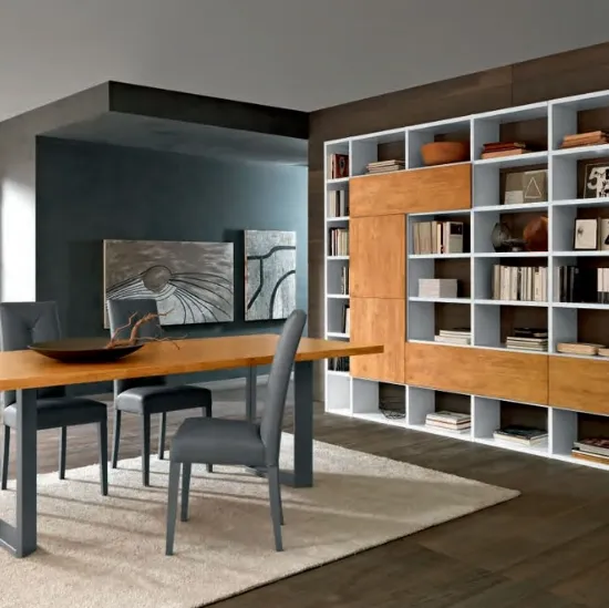 Libreria a muro Mixer CM60 in laccato bianco opaco e legno di FGF Mobili