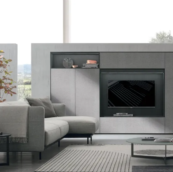 Parete Attrezzata Atlante UNIT AT202 in materico paglia grigio, materico rovere carbone e rovere carbone canettè di Tomasella