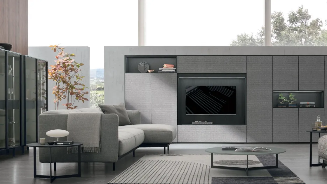 Parete Attrezzata Atlante UNIT AT202 in materico paglia grigio, materico rovere carbone e rovere carbone canettè di Tomasella