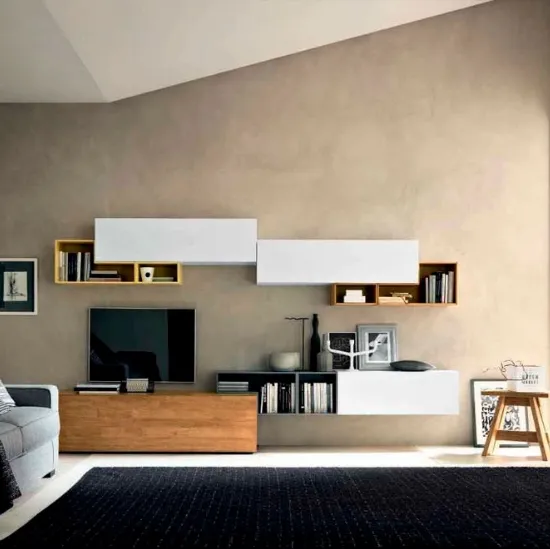 Parete Attrezzata Box C63B in laccato bianco opaco e legno di FGF Mobili