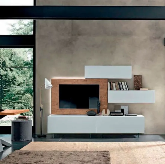 Parete Attrezzata Box C81B in laccato bianco e legno con piedi trasparenti di FGF Mobili