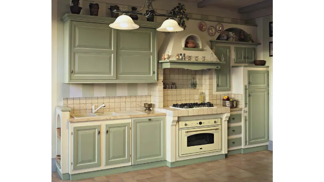 Cucina lineare in Muratura Mastro Leone in legno finitura Verde Antico con bordo Panna di Le Cucine dei Mastri