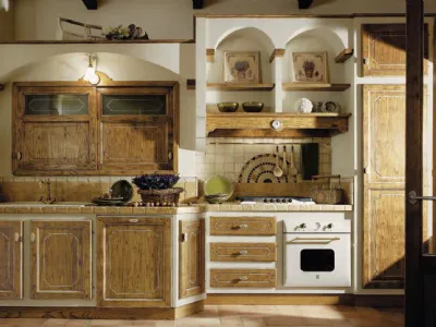 Cucina lineare in Muratura Mastro Nando in legno finitura Antiquariato di Le Cucine dei Mastri