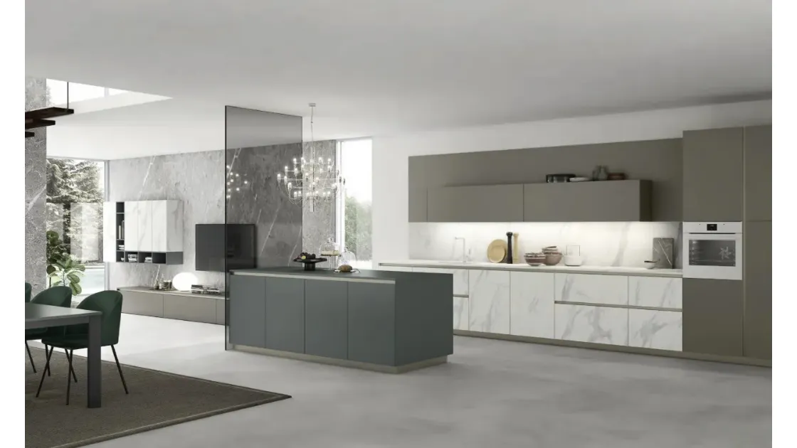 Cucina Moderna con isola AL 32 01 in HPL Calacatta, vetro e Fenix di Arrex