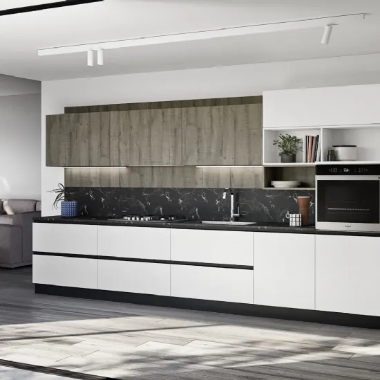 Cucina Moderna lineare Easy 011 in pet bianco e rovere di Ar-due