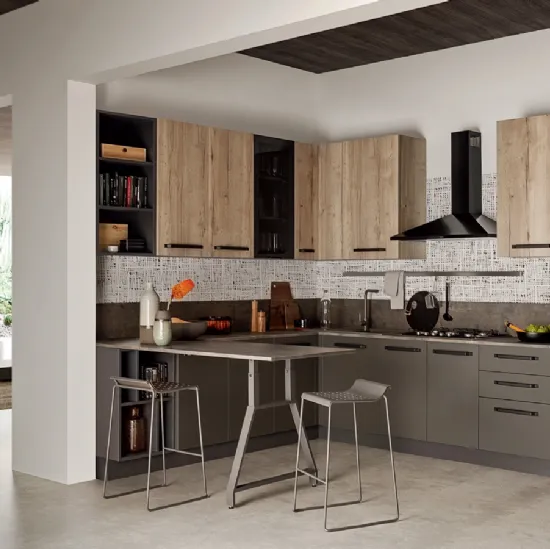 Cucina Moderna ad angolo in laccato opaco e effetto legno Easy 024 di Ar-due
