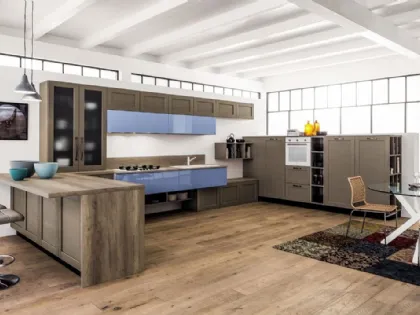 Cucina Moderna angolare con penisola Curry mod Timo in Rovere laccato e laccato lucido colore Nuvola di Arrex