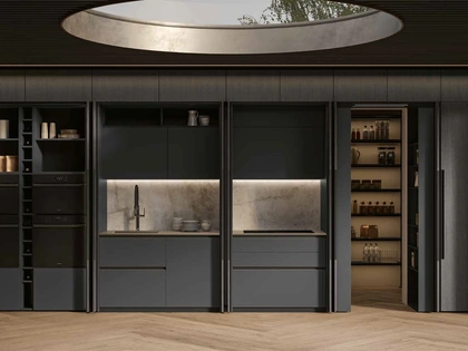 Cucina Moderna lineare Daytona Living in pet Ardesia con ante scorrevoli in legno di Arrex