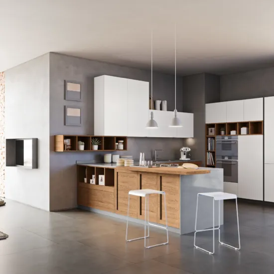 Cucina Moderna con penisola Intesa 003 in laccato bianco e rovere di Ar-due