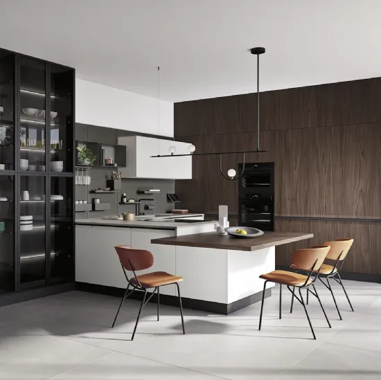 Cucina Moderna con penisola K10 006 in laccato e effetto legno di Ar-due