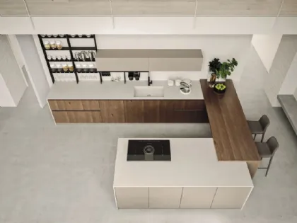 Cucina Moderna con isola e penisola Loft Wood finitura Pepe e laccato Beige di Arrex