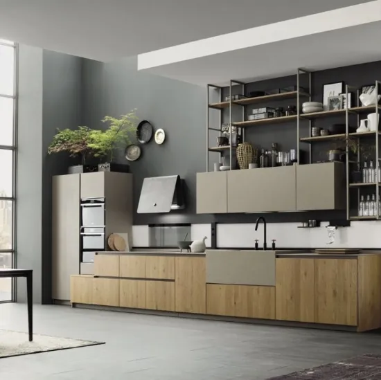 Cucina Moderna lineare Loft Wood Cotto e laminato effetto cemento di Arrex