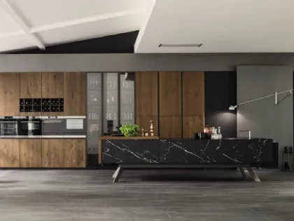 Cucina Moderna lineare Loft Wood Pepe e laminato effetto Marmo di Arrex
