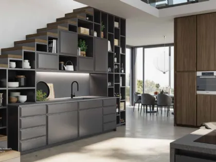 Cucina Moderna lineare in laccato opaco Titanio con top in pietra M0066 di Le Cucine dei Mastri