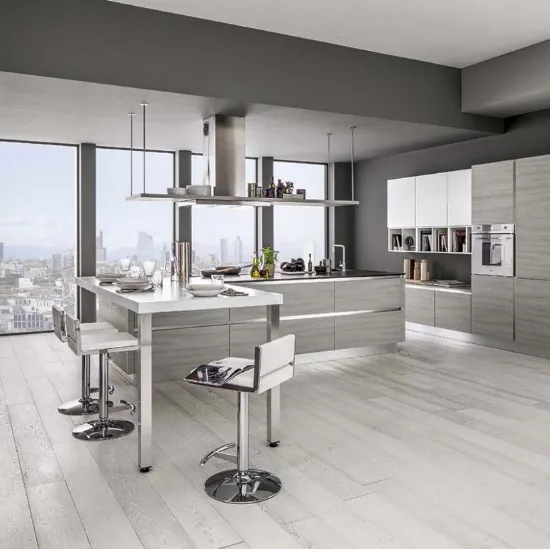 Cucina Moderna con penisola Mango in Frassinato Grigio di Arrex