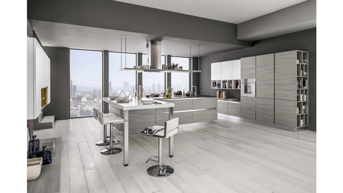 Cucina Moderna con penisola Mango in Frassinato Grigio di Arrex