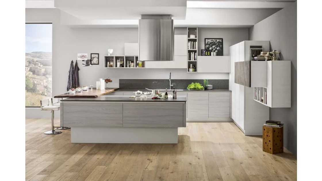 Cucina Moderna con penisola Mango in Frassinato Grigio ed Artico di Arrex