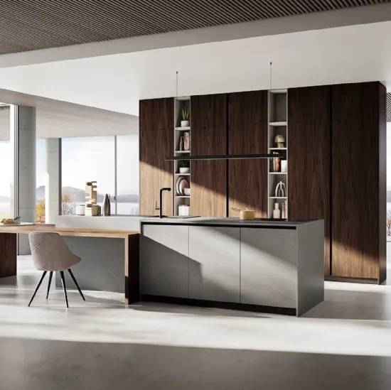 Cucina Moderna con isola Q01 001 effetto legno e effetto pietra di Ar-due