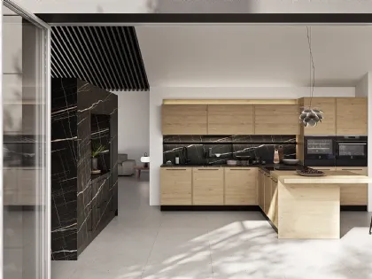 Cucina Moderna con penisola Q01 008 in rovere e effetto marmo di Ar-due