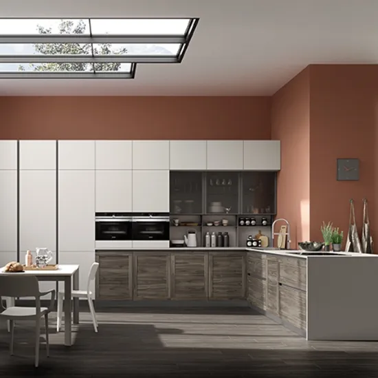 Cucina Moderna angolare Twin Okobo Dark e laccato Grigio chiaro di Arrex