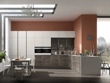 Cucina Moderna angolare Twin Okobo Dark e laccato Grigio chiaro di Arrex