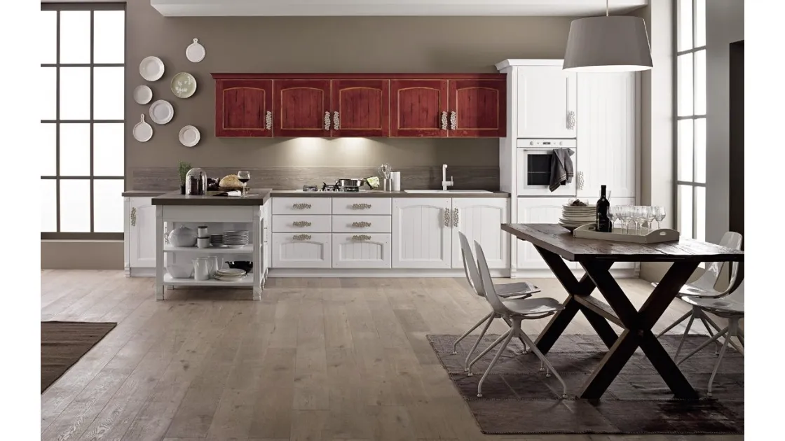 Cucina Shabby Chic Morgana in legno di Rovere Decapé Gesso e Rosso di Arrex